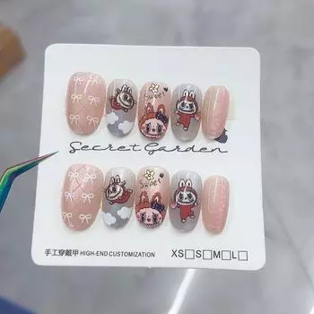 Cute Labubu Cat s Eye Nail Polish Wearing Armor, Almond Semi-handcrafted Bow Cloud Simple Nude Color Armor XS [ for aged 7 to 10]