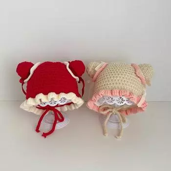 Cute lace baby girl wool hat double layer thermal ball princess autumn and winter ear hat 0-1 year old baby hat