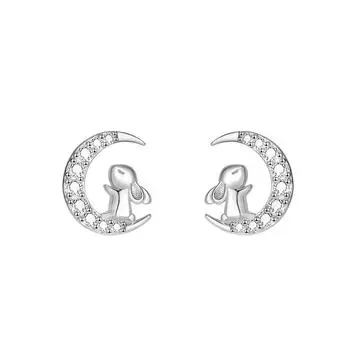 Cute Little Rabbit Earrings Looking At The Moon Rabbit Earrings Inlaid with Diamond Moon Earrings New Niche Feel