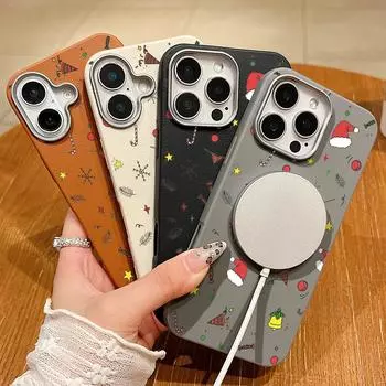 Cute Merry Christmas Pattern Slim Magnetic Case For iPhone 16 Plus 15 Pro Max 14 Pro 13 12 11 for MagSafe TPU Soft Shockproof Matte Phone Cover iPhone 16 чёрный
