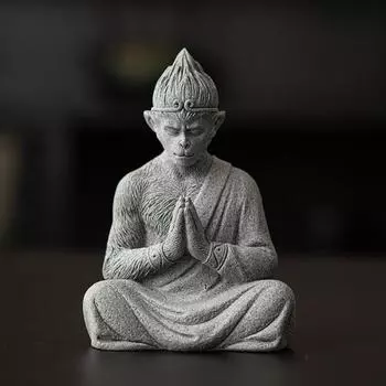 Cute Monkey King Statue Sandstone Garden Buddha Statue Wukong Monk Figurine Office Bookshelf 2