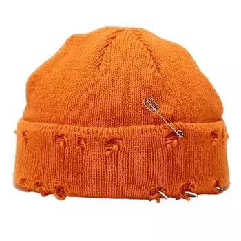 Cute O-Ring With Pins Distressed Hole Male Winter Beanie Hat Solid Color Warm Cap Knitted Hat