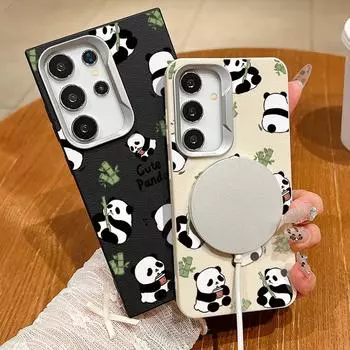Cute Pandas Pattern Matte Magnetic Case For Samsung S24 FE S23 S22 Ultra S21 A55 A16 A15 A54 A35 A14 A34 TPU Soft Shockproof for MagSafe Phone Cover Samsung S24 FE чёрный