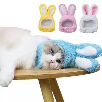 Cute Pet Headgear Rabbit Ears Cap for Cats Warm Plush Cat Hat Christmas Cosplay Warm Hood Kitten Headwear Pets Supplies жёлтый