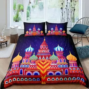 Cute Pink Castle Bedding Set 3pcs for Girls Cartoon Priness Castle Comforter Cover Christmas Theme Microfiber Duvet Cover Set US Queen(228x228cm)