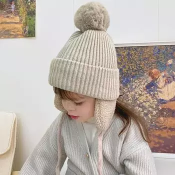 Cute Pompom Baby Winter Hat Thicken Plush Kids Knitted Ear Protection Cap Solid Color Boys Girls Earflap Beanie Bonnet бежевый