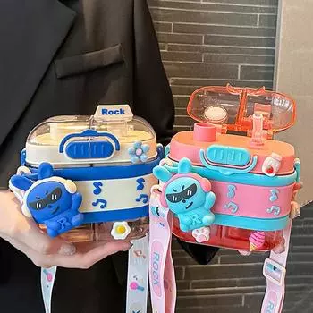 Двойная бутылка для питьевой воды с милым кроликом для детей, девочек, студентов, соломенная чашка, портативная детская пластиковая чашка для воды, без BPA 550ml No 3D Sticker
