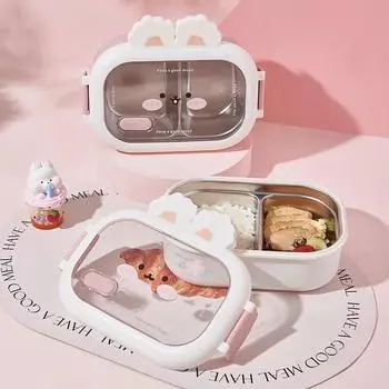 Cute Rabbit Shape Stainless Steel Bento Lunch Box for Kids Office Workers Compartment Food Storage Containers Portable Lunchbox розовый