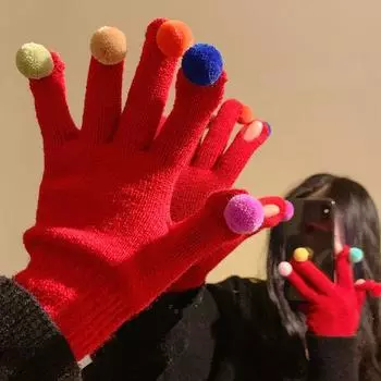 Cute South Korea Ins Small Candy Open Finger Wool Knitting Five Finger Gloves Winter Female Touch Screen Heattech Cycling Five Finger New Year red ball gloves [fleece]] All yards