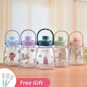 Cute Water Bottle For Girls 1.3L Straw Tumbler Summer Plastic Mug Portable Kids Kawaii Cup Large Capacity Sports Drinking Kettle without sticker небесно-голубой