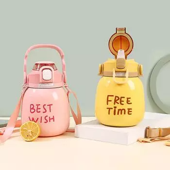Cute Water Bottle For Girls Large Capacity Vacuum Flasks Portable Thermal Tumbler Sports Straw Mug New Insulated Cup 1L Thermos without sticker зелёный