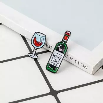 Cute Wine Time Brooch Red Wine Bottle Cup Lapel Metal Pins Jewelry Gifts glass