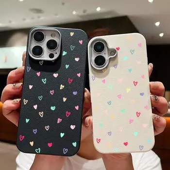 Цветной чехол с рисунком маленьких сердец любви и текстурой из кожи для iPhone 16 Pro Max 15 Pro 14 13 12 11 TPU, мягкий противоударный матовый чехол для телефона iPhone 16 чёрный