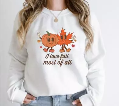 Цветной свитер I Love Fall Most Of All, винтажный женский джемпер с длинным рукавом, осенний пуловер с тыквенными листьями S белый