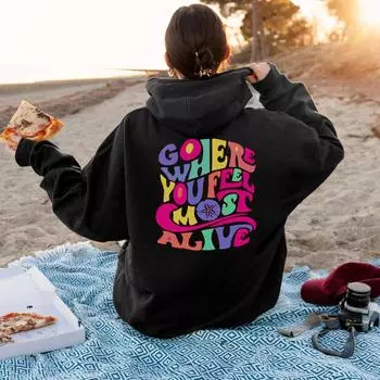 Цветные толстовки Go Where You Feel Alive, пуловеры Tumblr, модные женские толстовки с рисунком унисекс, топ из чистого хлопка, джемпер с капюшоном, толстовки с капюшоном S чёрный