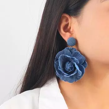 Цветочные серьги, преувеличенные серьги, модные джинсовые серьги с синими розами синий