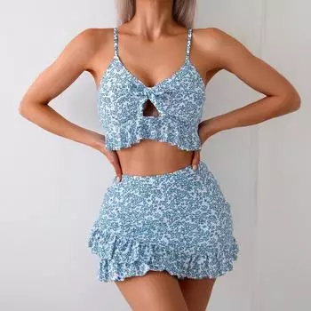 Цветочный купальник-камисоль с оборками и бантом и юбкой-запахом Extra Large цветочный