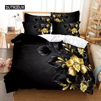 Цветочный пододеяльник, комплект постельного белья Queen King Size, цветущий золотой цветок, комплект постельного белья для девочек и женщин, яркий цветочный мотив, пододеяльник EU single(135x200cm)