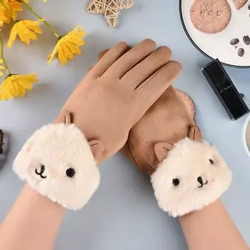 Cycling Point Finger Ski Plus Fleece Korean Style Mittens Gloves Suede Women Gloves хаки
