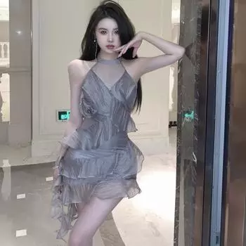 CYNR Pure Desire серое платье с открытыми плечами и открытыми плечами, сексуальное сетчатое платье, лето 2023, новое шифоновое платье для пикантных девушек S серый