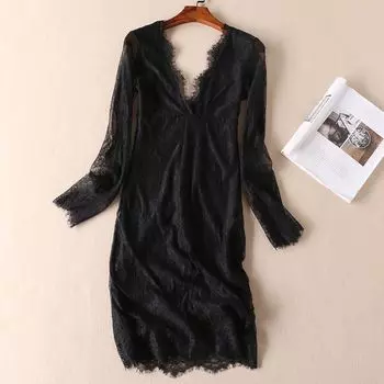 D392 Foreign Trade Deep V See-through Slim-Fit Lace Dress Black XS