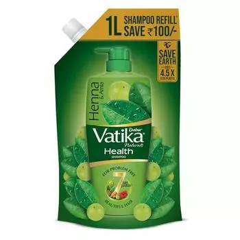 Dabur Шампунь Vatika Health - 1 л (Пополнить мешок) | С 7 натуральными ингредиентами | Для гладких, блестящих и ухоженных волос | Полезные свойства хны и амлы