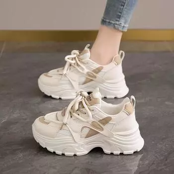 Dad shoes, new spring shoes, small thick soles, lightweight and explosive leather casual sports women s shoes 35