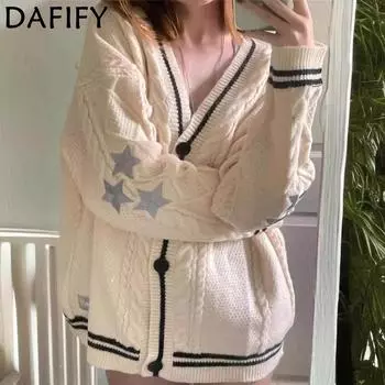 DAFIFY Женская мода повседневная осень-зима однотонный принт длинный рукав V-образный вырез свитера S белый