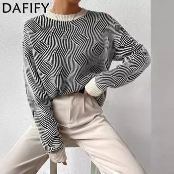 DAFIFY Женская мода повседневная осень-зима полосатый принт длинный рукав O-образный вырез свитера S чёрный