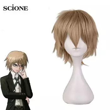 Danganronpa Byakuya Togami Косплей Темно-русый парик Коричневый короткий парик Dangan Ronpa Byakuya Очки Синтетические волосы с шапочкой для парика дубильная кора