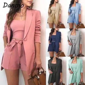 Danmo 3 шт./компл. офисная женская одежда, блейзер с длинными рукавами, женский однотонный пиджак, пальто, шорты, жилет, женский сексуальный костюм, летняя одежда