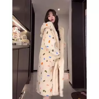 Danmo Dot Robe для женщин, ночная рубашка, зимняя ночная одежда, теплая флисовая пижама, цельная ночная рубашка с капюшоном и длинными рукавами, домашняя одежда M бежевый