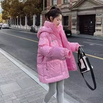 Danmo Pink Glossy Down Cotton-steaded Jacket Women Winter Free Thick Parka Coat Casual Hooded Medium To Long Upperwear XS розовый