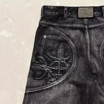 Danmo Ретро свободные джинсы Y2K вышитый узор летучей мыши с высокой талией широкие брюки джинсовые брюки Ins уличная одежда S чёрный