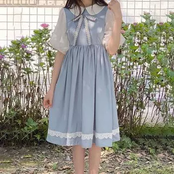 Danmo Sweet Kawaii платье в стиле Лолиты, женское школьное платье в консервативном стиле с пышными рукавами, милая студенческая одежда с воротником Питера Пэна XS небесно-голубой