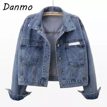 Danmo винтажная джинсовая куртка женская корейская мода короткое джинсовое пальто женское повседневное свободное весенне-осеннее пальто XXL синий