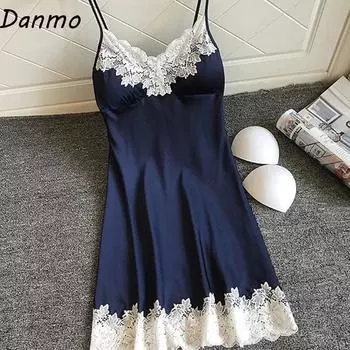 Danmo женская одежда для сна, летняя ночная рубашка, кружевное лоскутное мини-ночное платье, женское сексуальное женское белье на тонких бретельках, без нагрудника, большие размеры