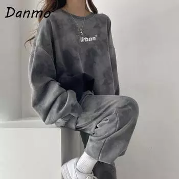 Danmo женский модный комплект из 2 предметов, толстовка, брюки, спортивный костюм с принтом, пуловер, толстовка, брюки, спортивный костюм S синий