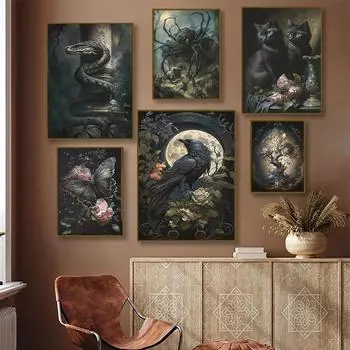 Dark Academia Art Crow Raven s Call Poster Prints For Living Room Home Decor Gothic Witch s Black Cat Картина на холсте Wall Art 21*30cm No Frame