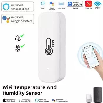Датчик влажности и температуры WiFi, датчик влажности в помещении, питание от батареи, мониторинг с помощью приложения для голосового управления Alexa Google Home белый