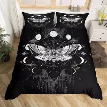 Death Moth Duvet Cover Set King Queen Full Twin Size Galaxy Sun And Moon Polyester Comforter Cover Boho Gothic Skull Bedding Set EU single(135x200cm)