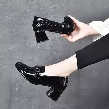 Deep mouth single shoes women s autumn new thick heel embossed cow patent leather one pedal small leather shoes one shoe two wear women s shoes 35