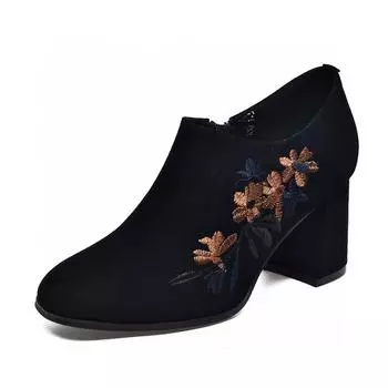 Deep single shoes women s autumn new ethnic style retro embroidered shoes sheepskin thick heels high heels women s ankle boots 34