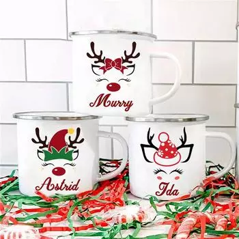 Deer Print Enamel Coffee Mug Personalized Custom Juice Drink Mug Christmas Party Kitchen Decoration Gift For Family Kids Friends