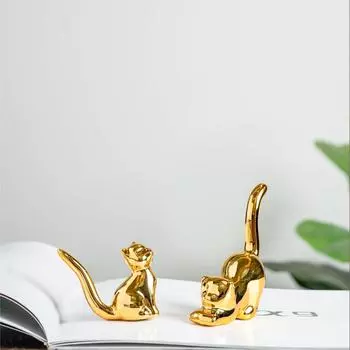 Декор для дома Статуэтки кошек, Современный стиль Керамические Золотые статуэтки кошек для акцентов в декоре дома Гостиная