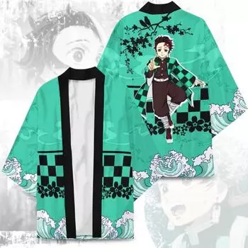 Demon Slayer Cartoon Printed Top Tanjiro Kamado Agatsuma Zenitsu Costume Cosplay Green,S