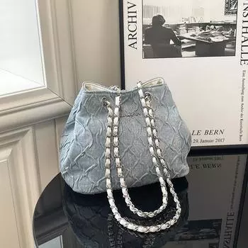 Denim bag new fashion simple diamond messenger bag niche summer casual fashionable shoulder bag синий