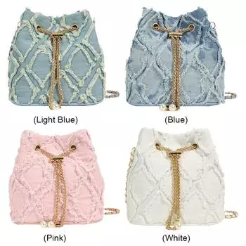 Denim Bucket Bag Diamond Pattern Women Shoulder Bag Drawstring Travel Bag светло-синий