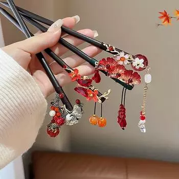 Деревянная палочка для волос с цветком и кисточкой Hanfu, заколка для волос в стиле ретро для женщин