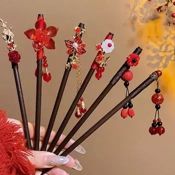 Деревянная палочка для волос с кисточкой и цветком Hanfu, заколка для волос в стиле ретро для женщин